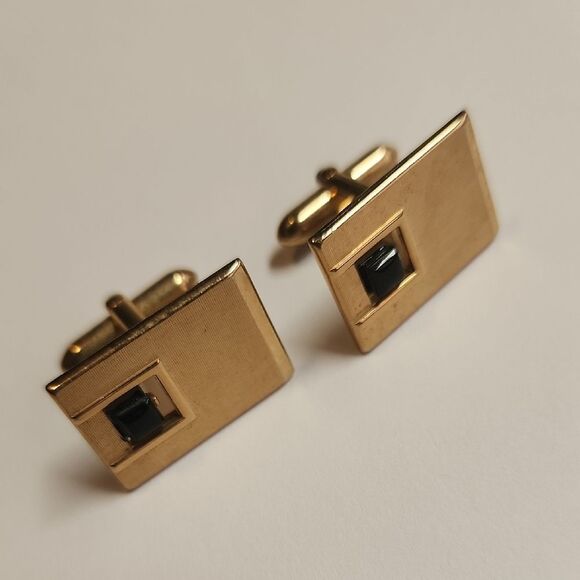 Mid Century SWANK Gold Tone Cufflinks with Black Accent - Picture 2 of 5